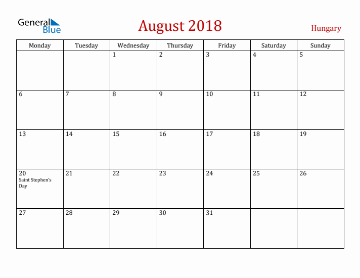 Hungary August 2018 Calendar - Monday Start