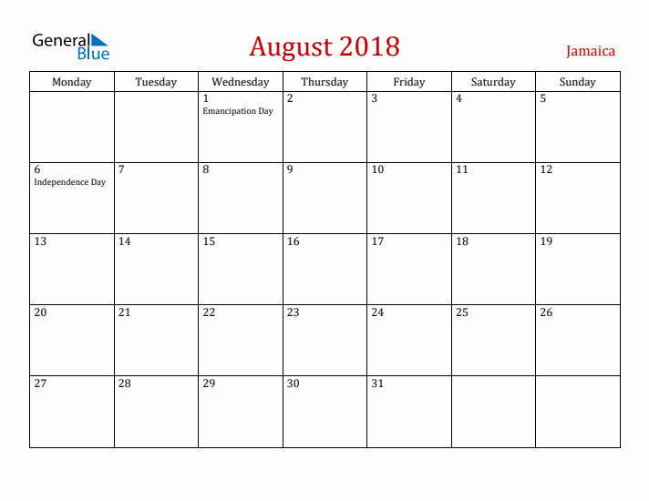 Jamaica August 2018 Calendar - Monday Start