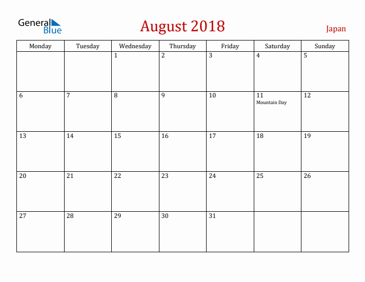 Japan August 2018 Calendar - Monday Start