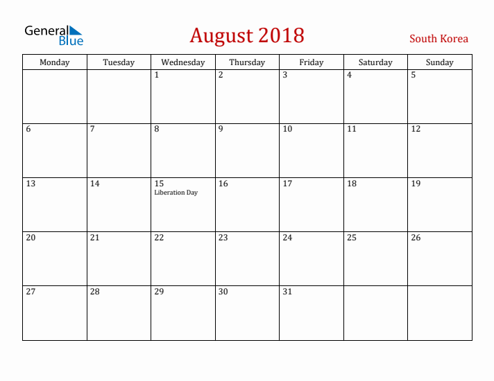 South Korea August 2018 Calendar - Monday Start