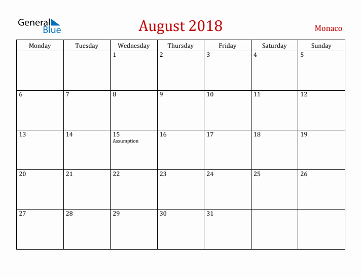 Monaco August 2018 Calendar - Monday Start