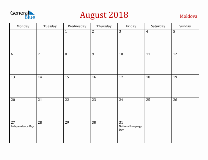 Moldova August 2018 Calendar - Monday Start