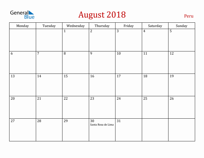 Peru August 2018 Calendar - Monday Start