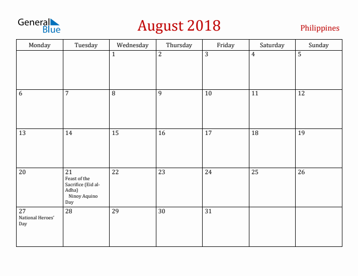 Philippines August 2018 Calendar - Monday Start