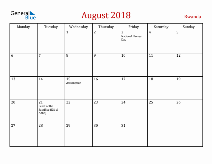 Rwanda August 2018 Calendar - Monday Start