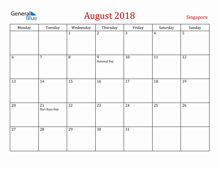 Singapore August 2018 Calendar - Monday Start