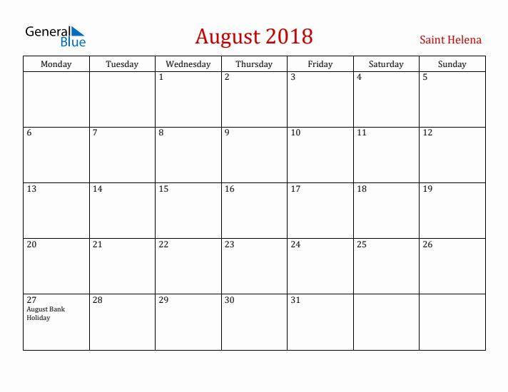 Saint Helena August 2018 Calendar - Monday Start
