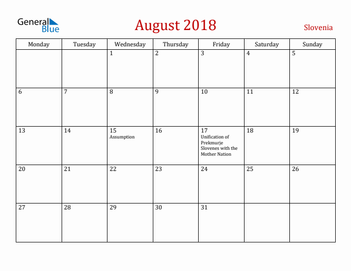 Slovenia August 2018 Calendar - Monday Start