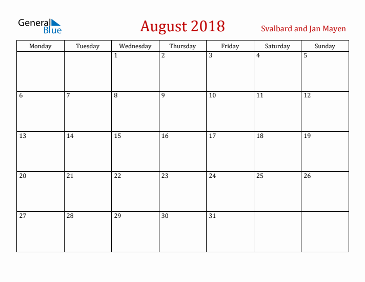Svalbard and Jan Mayen August 2018 Calendar - Monday Start