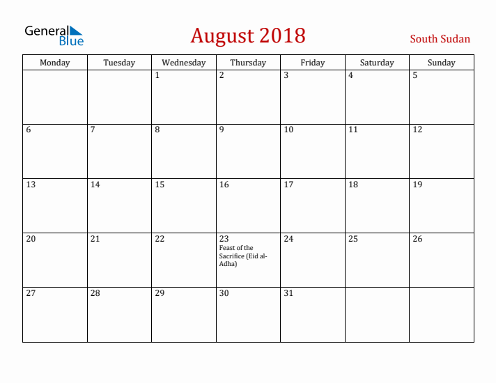 South Sudan August 2018 Calendar - Monday Start