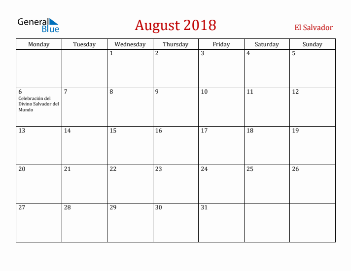 El Salvador August 2018 Calendar - Monday Start