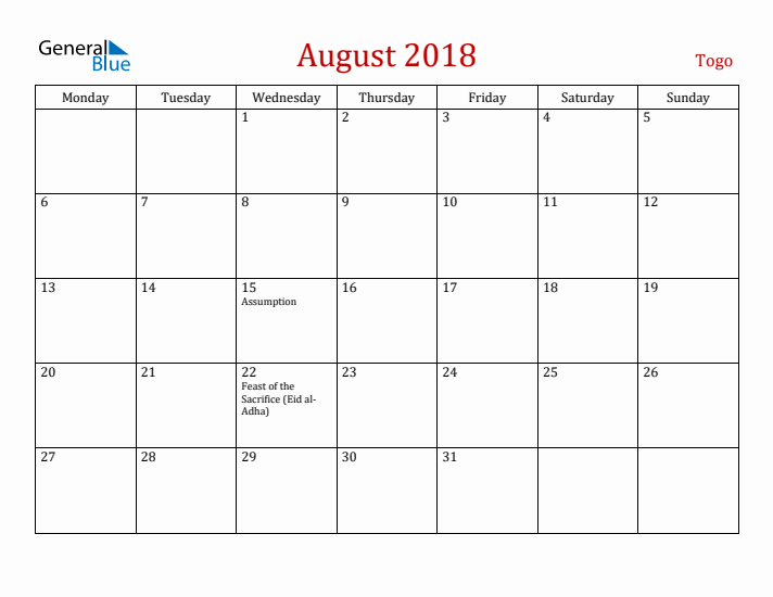 Togo August 2018 Calendar - Monday Start