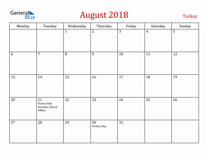 Turkey August 2018 Calendar - Monday Start