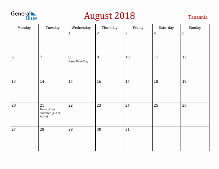 Tanzania August 2018 Calendar - Monday Start