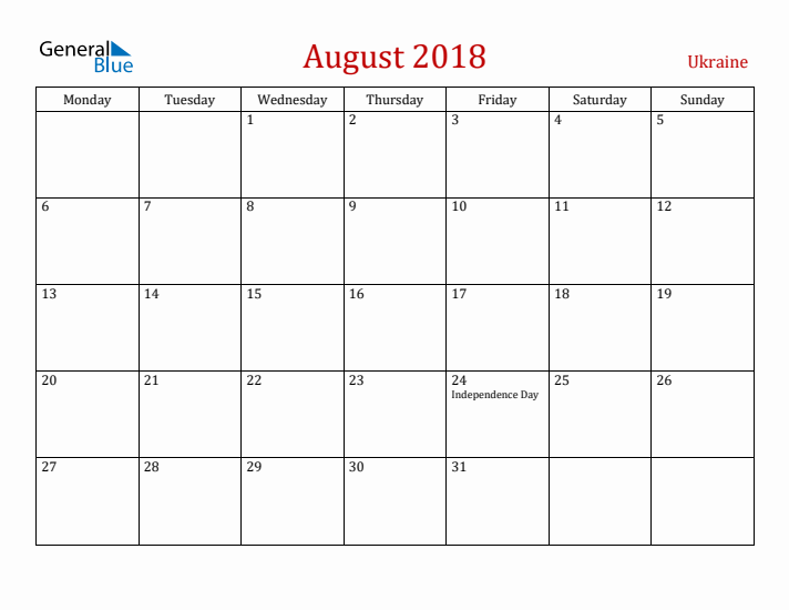 Ukraine August 2018 Calendar - Monday Start