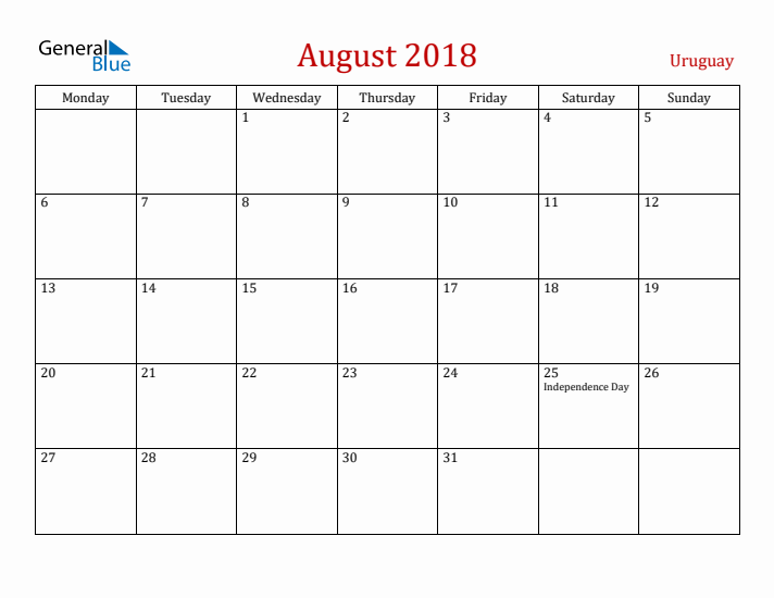 Uruguay August 2018 Calendar - Monday Start