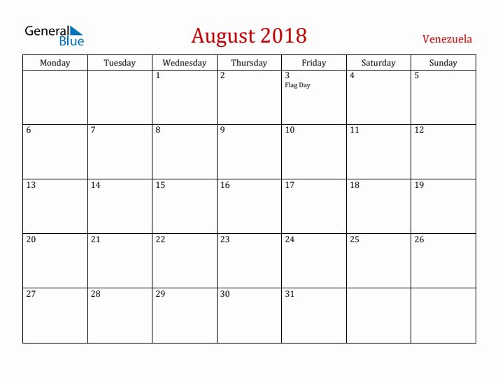 Venezuela August 2018 Calendar - Monday Start