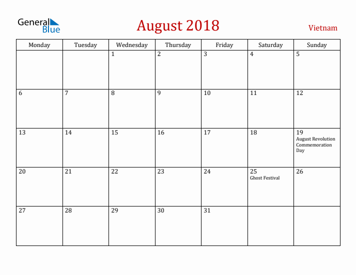 Vietnam August 2018 Calendar - Monday Start