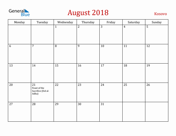 Kosovo August 2018 Calendar - Monday Start