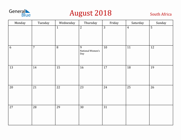 South Africa August 2018 Calendar - Monday Start