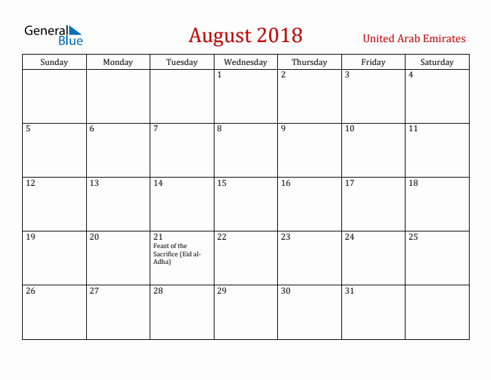 United Arab Emirates August 2018 Calendar - Sunday Start