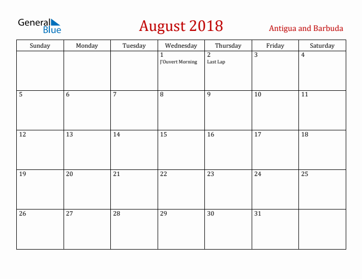 Antigua and Barbuda August 2018 Calendar - Sunday Start