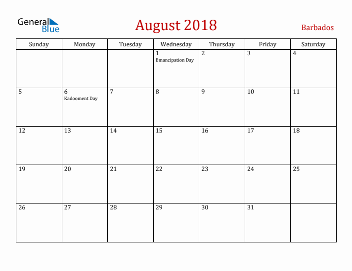 Barbados August 2018 Calendar - Sunday Start