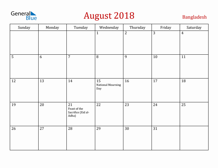 Bangladesh August 2018 Calendar - Sunday Start