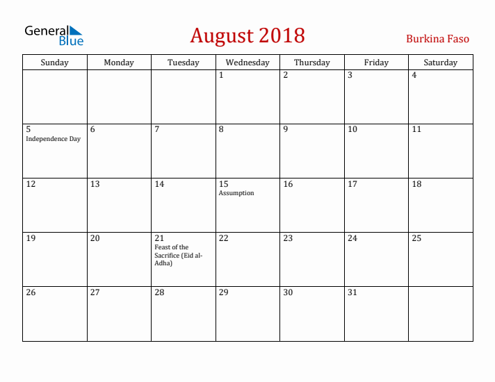Burkina Faso August 2018 Calendar - Sunday Start