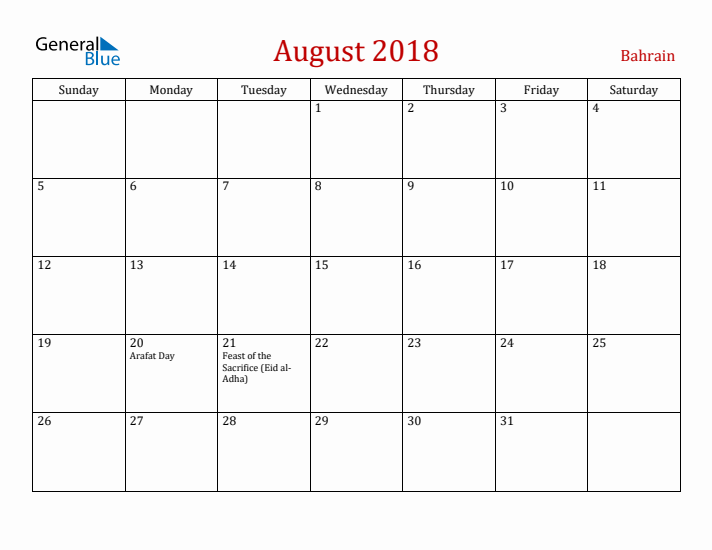 Bahrain August 2018 Calendar - Sunday Start