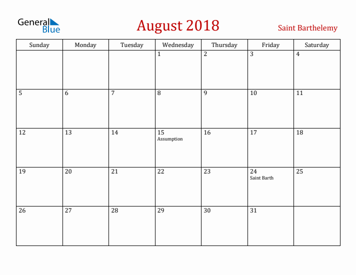 Saint Barthelemy August 2018 Calendar - Sunday Start