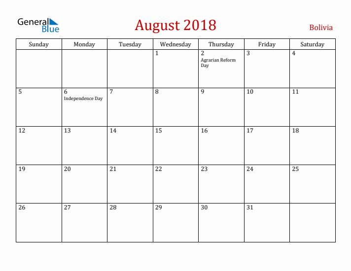 Bolivia August 2018 Calendar - Sunday Start