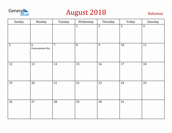 Bahamas August 2018 Calendar - Sunday Start