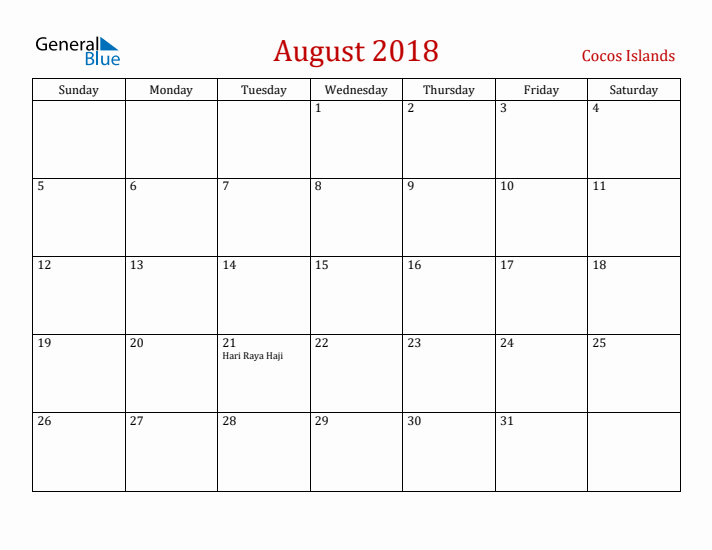 Cocos Islands August 2018 Calendar - Sunday Start