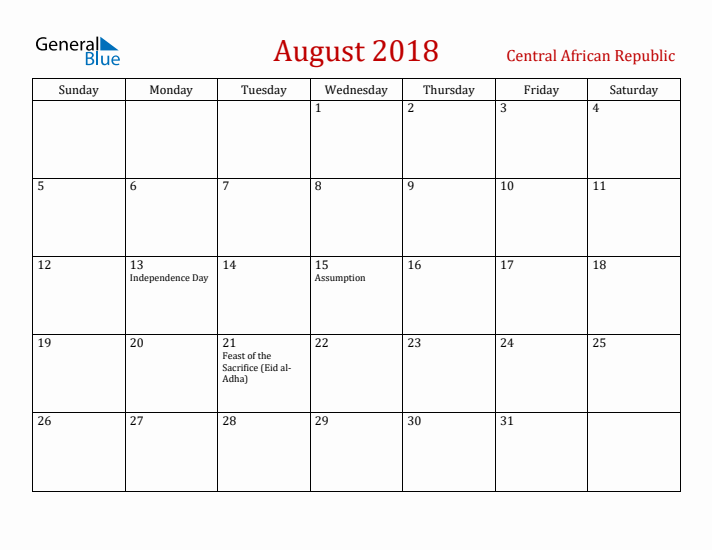 Central African Republic August 2018 Calendar - Sunday Start