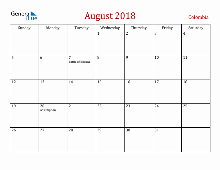 Colombia August 2018 Calendar - Sunday Start