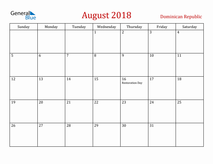 Dominican Republic August 2018 Calendar - Sunday Start