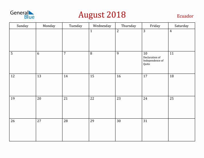 Ecuador August 2018 Calendar - Sunday Start