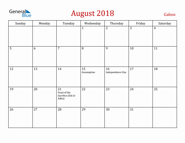 Gabon August 2018 Calendar - Sunday Start