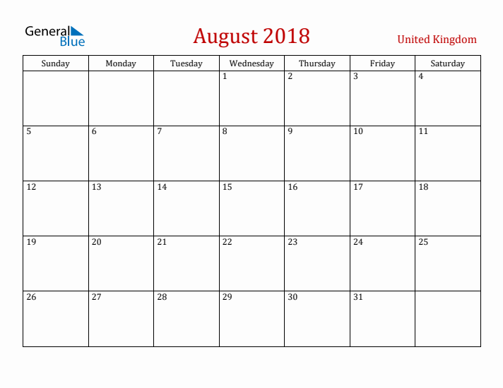United Kingdom August 2018 Calendar - Sunday Start