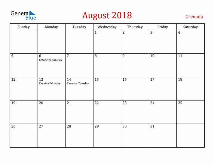 Grenada August 2018 Calendar - Sunday Start