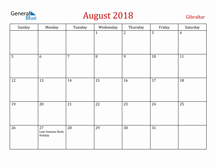Gibraltar August 2018 Calendar - Sunday Start