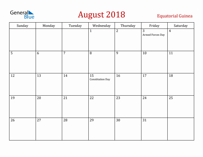 Equatorial Guinea August 2018 Calendar - Sunday Start