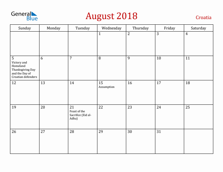 Croatia August 2018 Calendar - Sunday Start