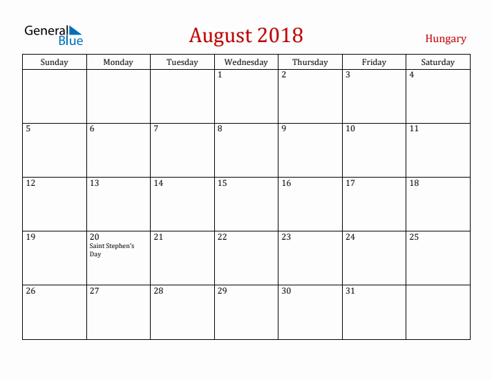 Hungary August 2018 Calendar - Sunday Start