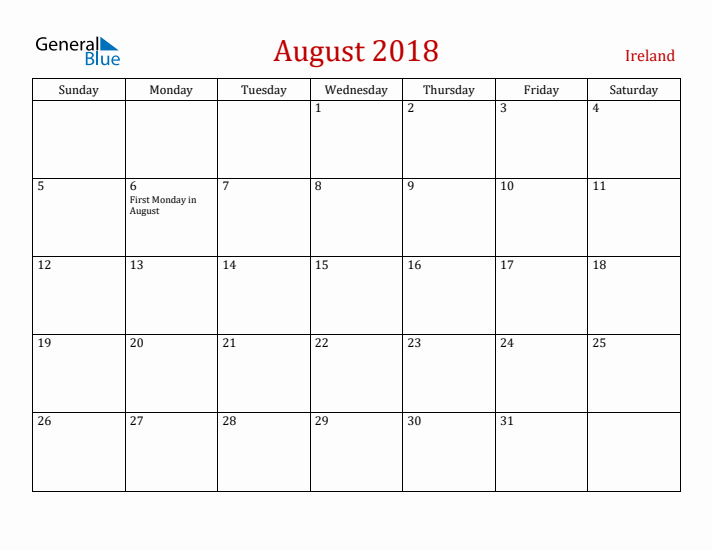Ireland August 2018 Calendar - Sunday Start