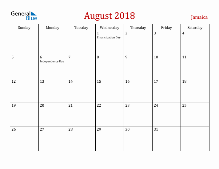Jamaica August 2018 Calendar - Sunday Start