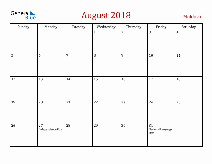 Moldova August 2018 Calendar - Sunday Start