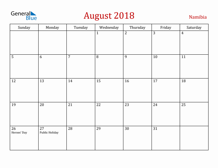 Namibia August 2018 Calendar - Sunday Start