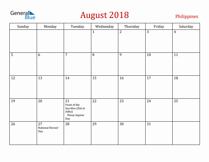 Philippines August 2018 Calendar - Sunday Start